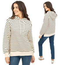 Womens M&S Striped Hoodie Longline Beige Cream Cotton