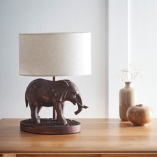 Elephant Lamp in an Antique Copper Resin Table Lamp and Oval Natural Linen Shad