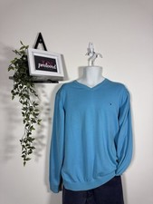 Vintage Tommy Hilfiger V-Neck Jumper Men’s XL Blue 100% Cotton Made in Hong Kong