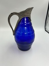 Vintage French Art Deco Cobalt Blue Glass & Silver Colour Metal Pitcher Jug Vase