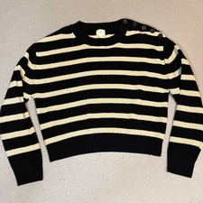 H&M Knit Jumper Women’s Size L Black Cream Striped Button Shoulder Breton Style