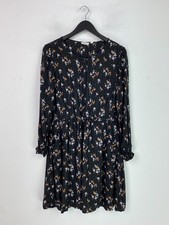 Fat Face Black Floral Above Knee Smock Dress Long Sleeve Button Tie Waist UK 12