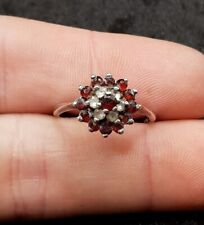 Old Vintage Sterling 925 Silver Red & Clear Stone Cluster Ring. UK Size L 1/2