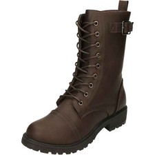 Brown Flat Combat Military Lace Up Zip Ankle Mid Calf Boots Punk Goth Victorian