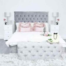 Silver Velvet Tufted Bedroom Bench Long Ottoman End of Bed Seat 112cm