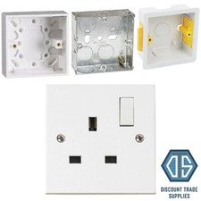 1 Gang Switched Single Socket White & Pattress, Dry Lining or Metal Back Box