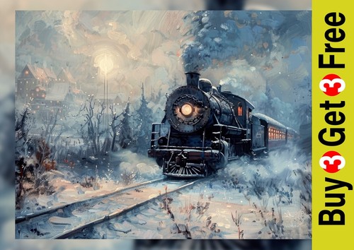 Winter steam train print - winter,