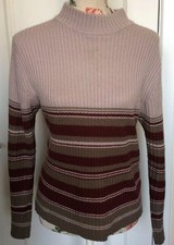 Ladies Size M Bonmarche Dusky Pink/Plum/Taupe Stripe Ribbed High Neck Jumper