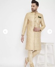 Gold Sherwani Kurta Indian Wedding Asian Set XL Brocade Slim Fit Salwar Mens 44