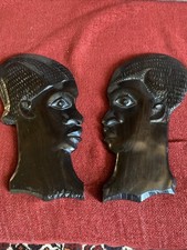 African Hanging Heads Ebony Dark Hard Wood, Hand Carved, Retro Vintage