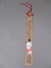 BOOKMARK Chinese Wooden Fretwork with Applied Scrap of A Child & Pig