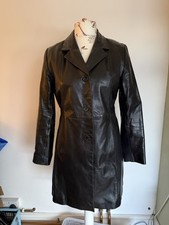 Vintage 90s/Y2K Black Real Leather Trench Coat / Blazer Jacket - Car Coat Length
