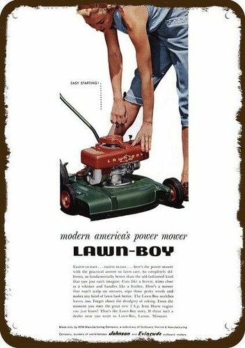 1955 woman mows with lawn - woman, lawn-boy