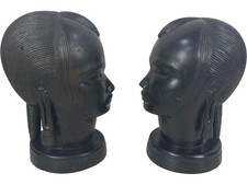 African Ebony Wood Carved Busts Pair Sculptures Art 21cm High 3.6kg