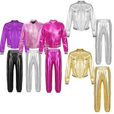Girls Boys Hip Hop Street Dance Clothes Shiny Long Sleeve Jacket and Pants Sets