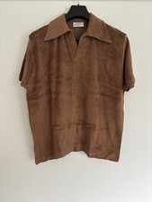 Vintage 70s Brown Shaggy Terry Cloth Polo Shirt Men's Size XL Made In England