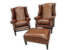 2 x Chesterfield Earchair with Footstool, Antique Tan (Brown) Leather