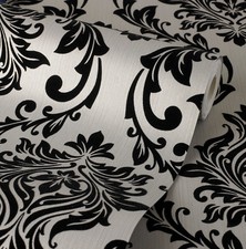 Exclusive Tuscany Velvet Flock Black/Beige Brown Damask Wallpaper (J801)