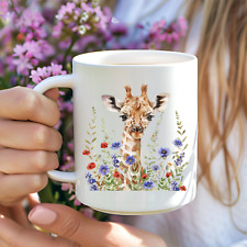 Giraffe Mug, Watercolour Design Coffee Mug. Tea Mug With Giraffe And Flowers