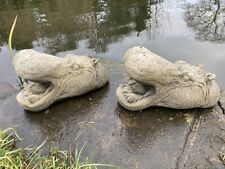 RECONSTITUTED STONE GARDEN PAIR OF HIPPO HEAD POND STATUE ORNAMENTS