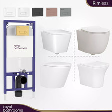 Wall Hung Rimless Toilet Pan & Seat Concealed WC, Dual Cistern Frame Flush Plate
