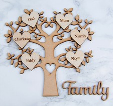 MDF Family Tree Shape Personalised Rustic Engraved Hearts & Family sign