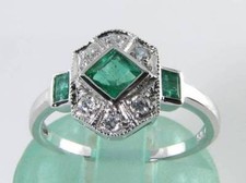 CUSTOM ORDER 9CT WHITE GOLD COLOMBIAN EMERALD DIAMOND ART DECO INS RING S 1/2
