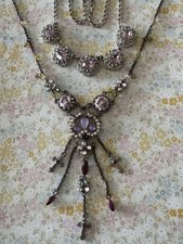 Costume Jewellery Two Bib Necklaces Diamante Pink Mauve Flowers Cross