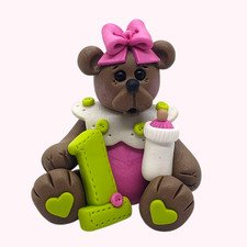 Brown Bear #1 Baby Girl Cake Topper with Bottle Pink Bow Handmade Polymer Clay