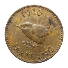 1946 Great Britain 1 Farthing Coin – George VI Bronze – Wren Reverse – Z3443