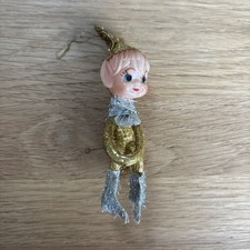 Vintage Knee Hugging Elf Gold Sparkly Christmas Decoration