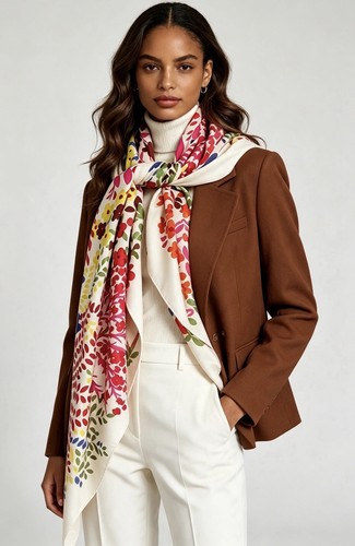 Cream botanical scarf - cream, fern