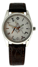 Masonic Freemason Square & Compass Silver Case Brown Croco Leather Wrist Watch