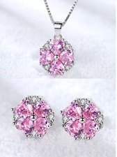 925 Sterling Silver Crystal Pink Heart Necklace Stud Earrings Womens Jewellery