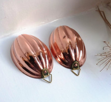 Antique copper jelly moulds, small pair of individual melon shaped terrine molds