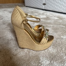 GUCCI AUTH Women's Gold Beige Wedge With Stones Size 37 UK 4