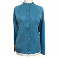 TRICEL BRITISH VINTAGE CARDIGAN JACKET SEA GREEN RETRO FASHION WOMEN SZ 12-14