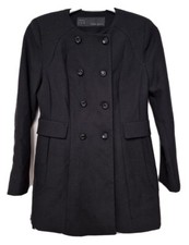 Zara Double-Breasted Collarless Pleated Military Style Coat Size M 10 Black