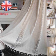 Net Knitted Curtain Panel Slot Top Cotton Linen Lace Textured Curtains Tassels