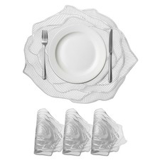 Rose Floral Placemats Set of 4 Round Metallic Vinyl Pressed Placemats, Silver