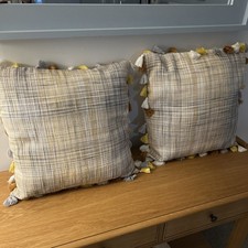 NEXT  SET OF 2 YELLOW/GREY/WHITE RUSTIC WEAVE & TASSELED CUSHIONS. 50x50cm. VGC