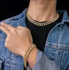 Mens Cuban Link Chain Gold Bling Miami Necklace Bracelet Set Hip Hop Jewelry 