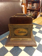 Antique Art Deco Wood & Brass Letter Rack With Handle