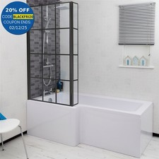 Bathroom L Shaped Bath Black Grid Shower Screen LH Front End Panel White 1700mm