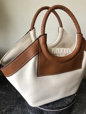 ?M&S Canvas Tote HandBag White Tan Leather Handles Removable Inner Pocket BNWOT