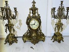 ITALIAN BREVETTATO BRASS GREEN MARBLE MANTLE CLOCK & 2 CANDELABRAS 3 PC SET