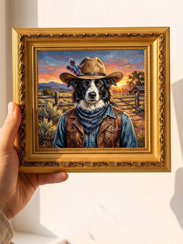 Cowboy dog sunset ranch oil - dog,