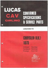 HILLMAN HUNTER IMP SUNBEAM RAPIER (INCL H120) FASTBACK '73 LUCAS PARTS CATALOGUE