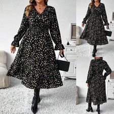 Plus Size Women V Neck Floral Maxi Dress Retro Boho Party Holiday Tea Dresses