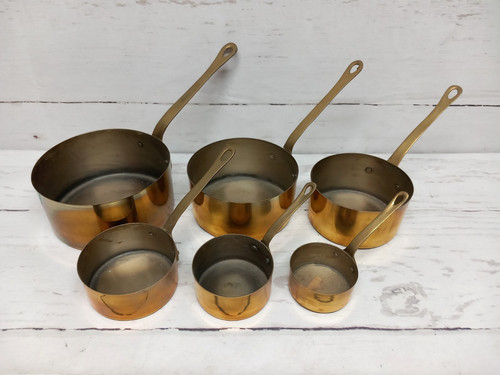 Vintage brass saucepans - brass,